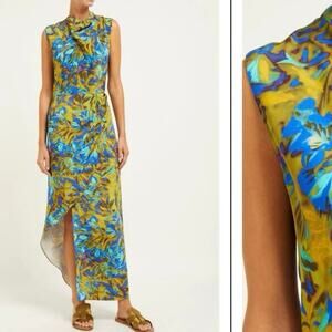 Raey Green Acid Vintage Floral Printed 100% Silk Midi Asymmetric Dress Size 10